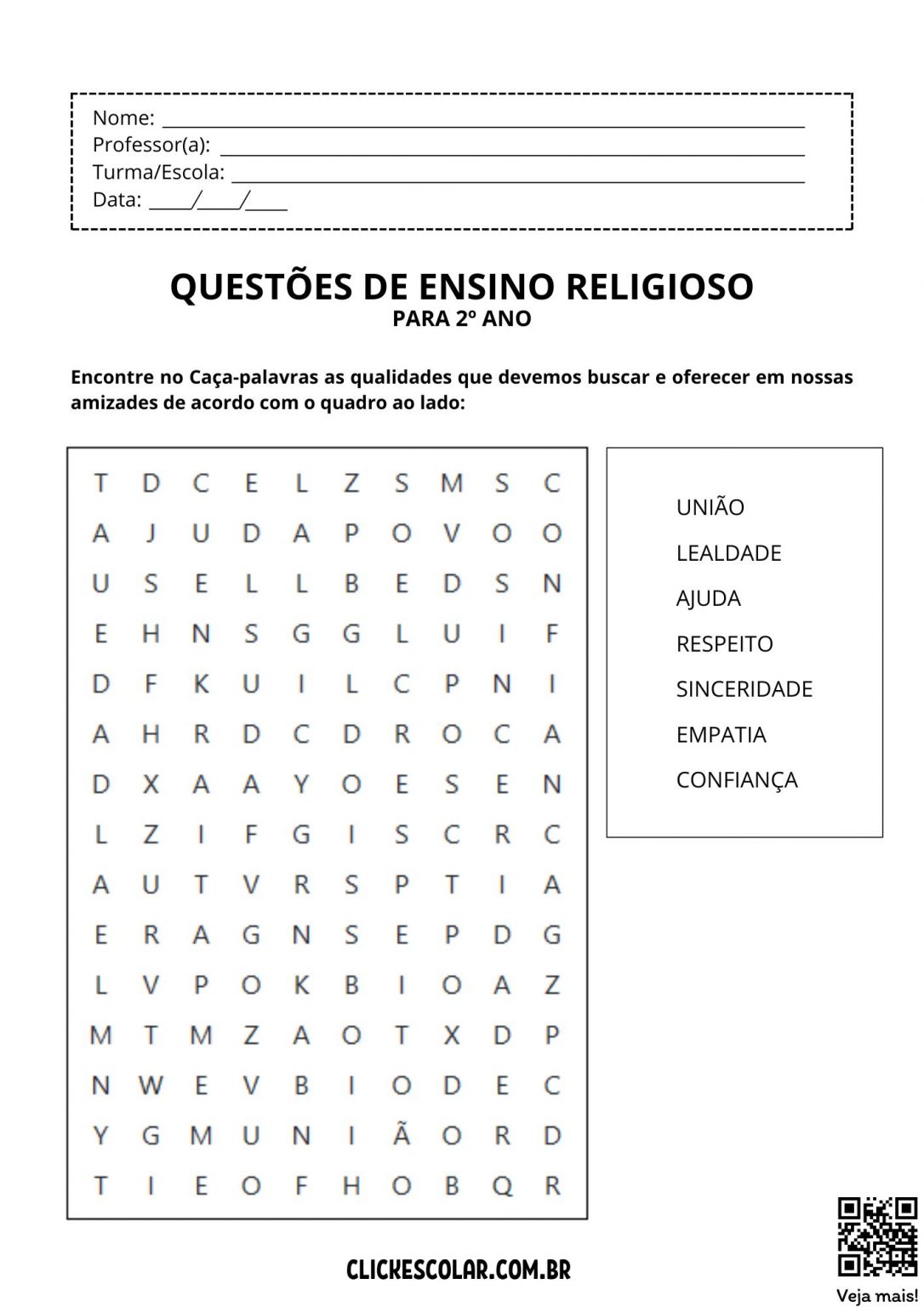 Atividades de Ensino Religioso – Para Imprimir