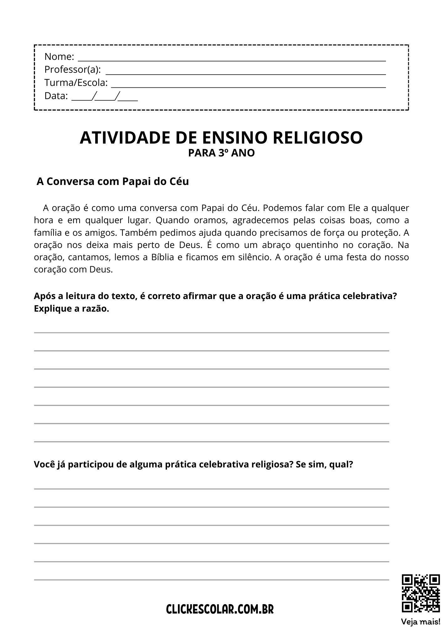 Atividades de Ensino Religioso – Para Imprimir
